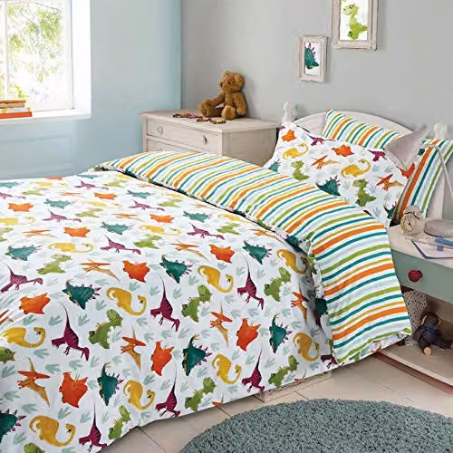 Dreamscene Dinosaur Polycotton Duvet Cover and Pillowcase Set, Multicolour, W/D/H: 150 x 120 x 40 cm