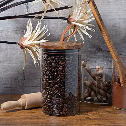 Argon Tableware Scandi Glass Storage Jars with Airtight Wood Lids, 1 Litre, 6 Pack, Transparent and Brown – 3