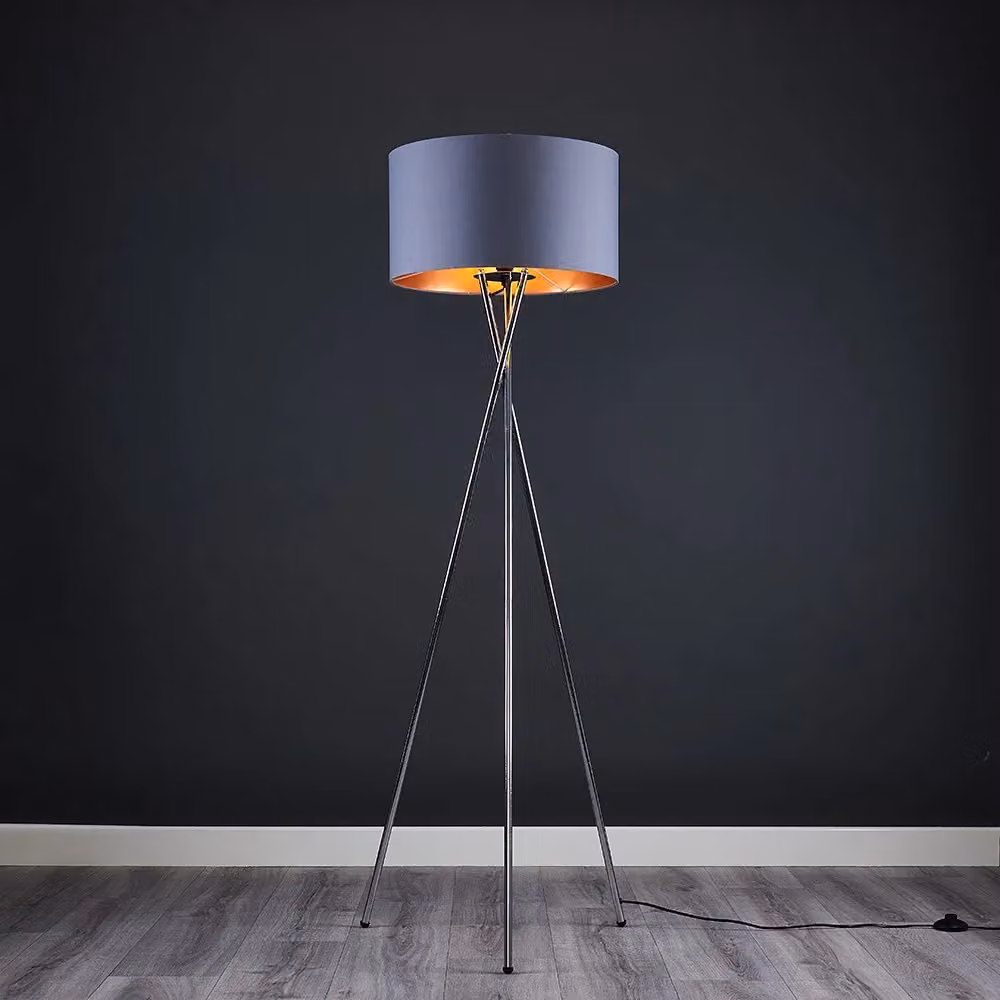 ValueLights Camden Modern Chrome Metal Tripod Floor Lamp with Grey and Copper Cylinder Fabric Shade and LED Bulb – 3