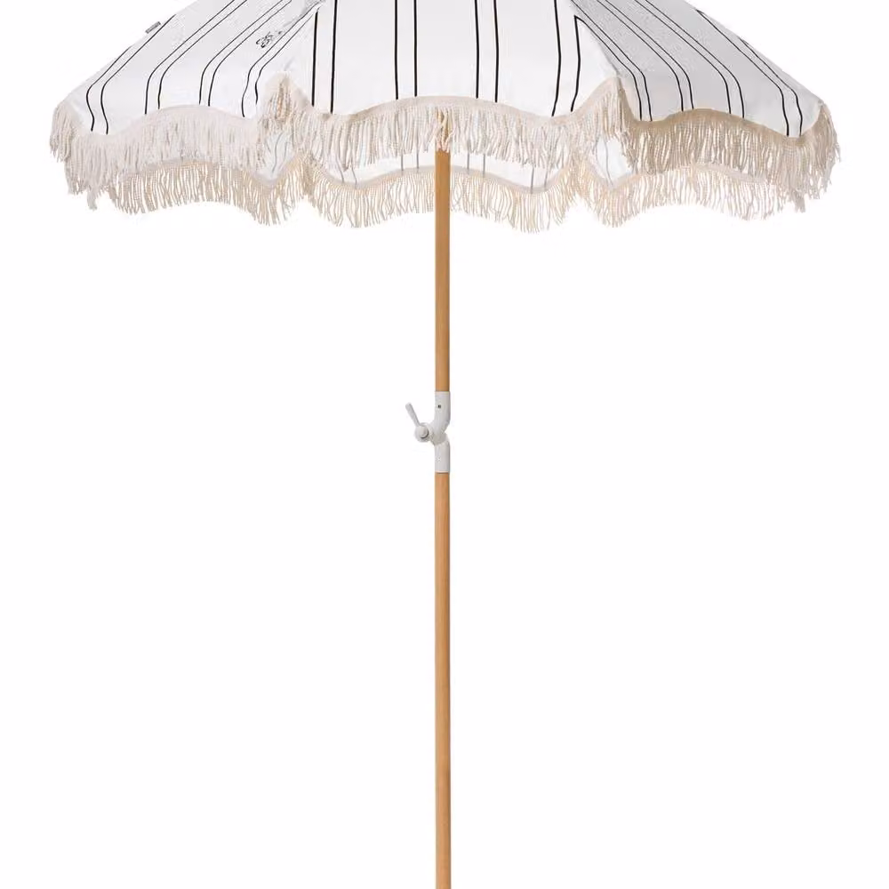 Wyld and Coco Garden Parasol with White and Black Stripes and Beech Wood Pole, Diameter: 150 cm – 2