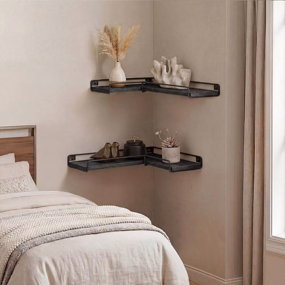 Levede Set of 2 L-Shaped Corner Floating Shelves, Wall Mounted, Matt Black – 2