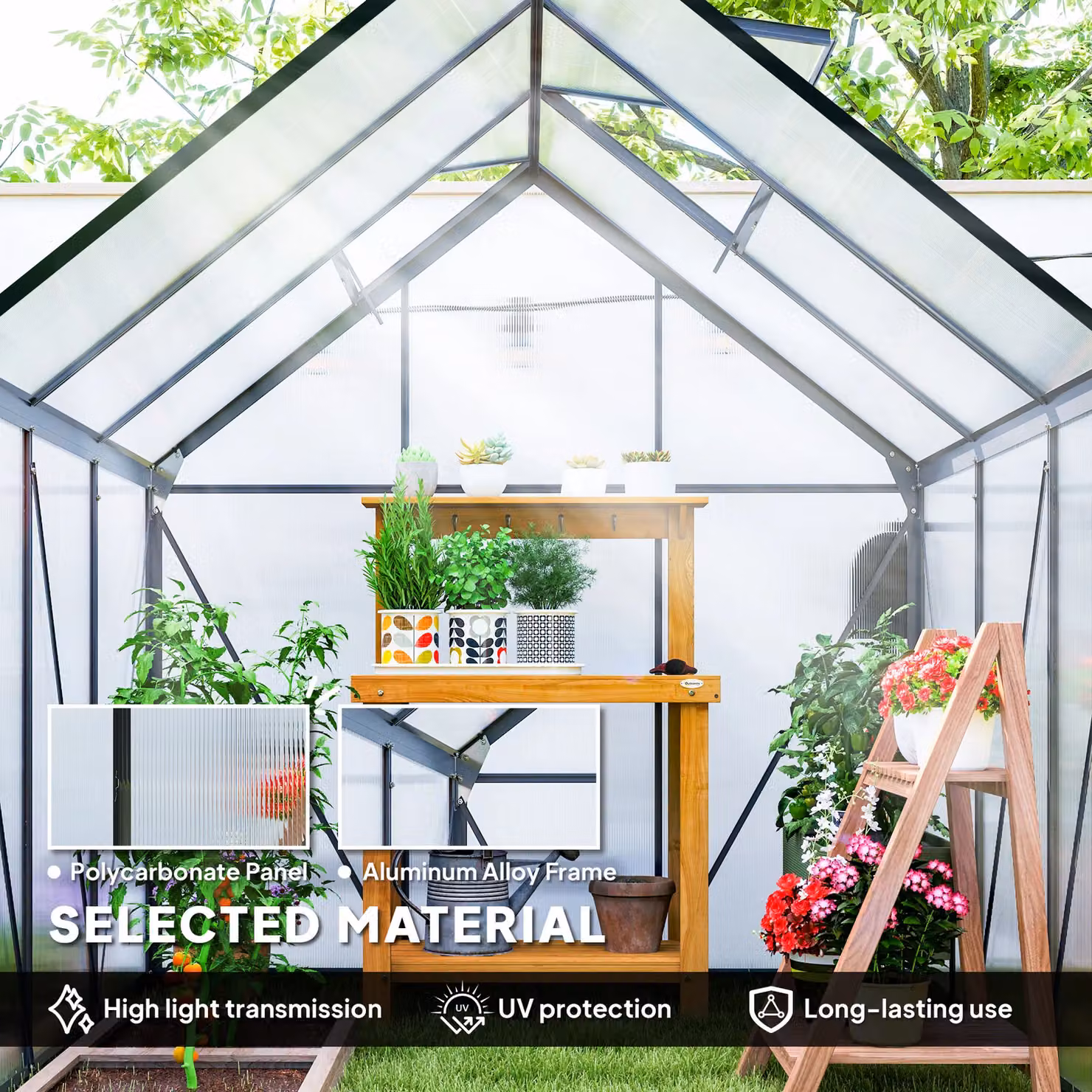 OUTSUNNY Polycarbonate Walk-in Garden Greenhouse with Sliding Door and Windows, Grey, W/D/H: 200 x 190 x 190 cm – 3
