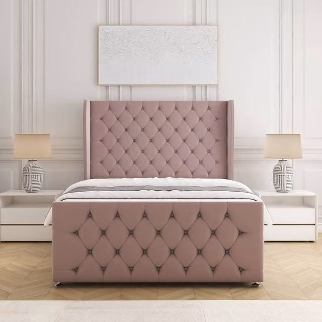BSSPOKE Anna Super King Plush Velvet Divan Bed with 54 inch Headboard and Mattress in Pink, W/D/H: 200 x 200 cm