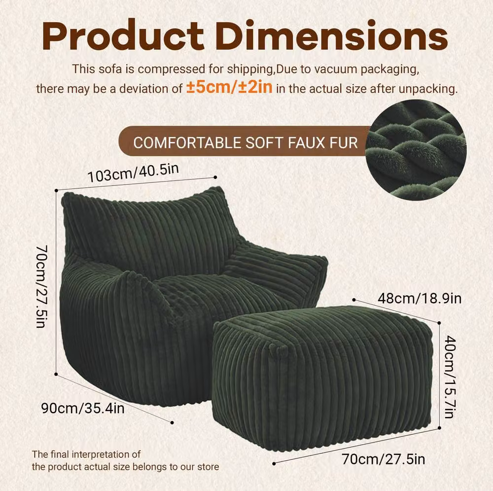 STILVORA Green Corduroy Bean Bag Chair with Footrest and Armrests – 2
