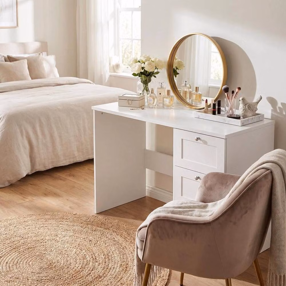 KORVIXA Artus 3 Drawer Dressing Vanity Table and Bedroom Desk in White W/D/H: 100 x 100 x 100 cm – 2