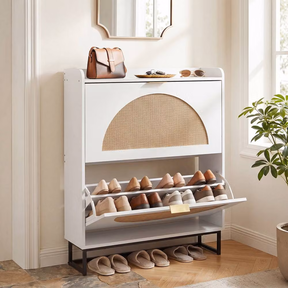 Gymax Modern White Narrow Shoe Storage Cabinet with Rattan Metal Tilting Compartments and Internal Shelves – 2