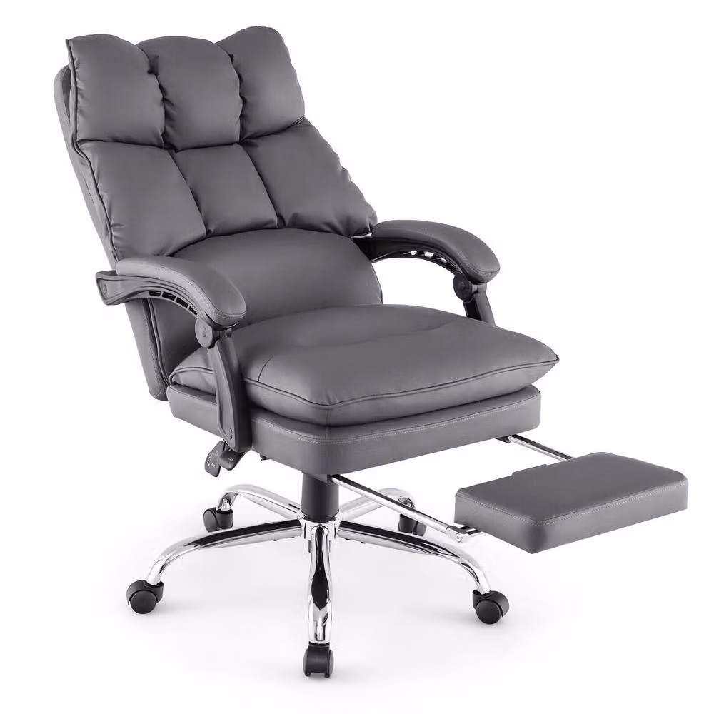 Costway Modern Grey Synthetic Leather Office Chair with Retractable Footrest and Headrest – 3