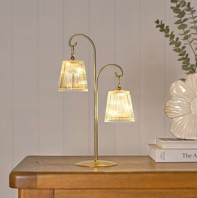 Hestia Double LED Table Lamp in Gold and Brass with Glass Cylinder Shade