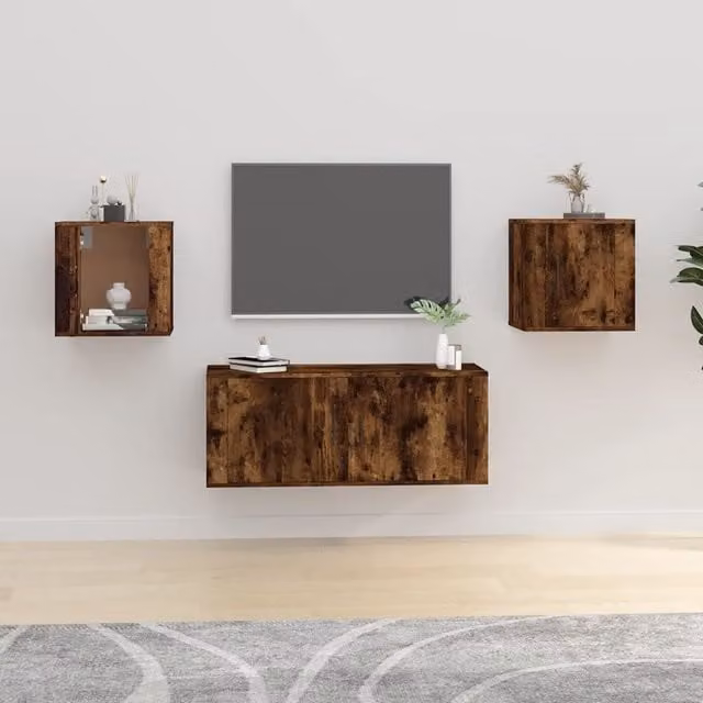 Berkfield Home Set of 2 Wall Mounted TV Cabinets in Smoked Oak Brown, W/D/H: 40 x 34.5 x 40 cm