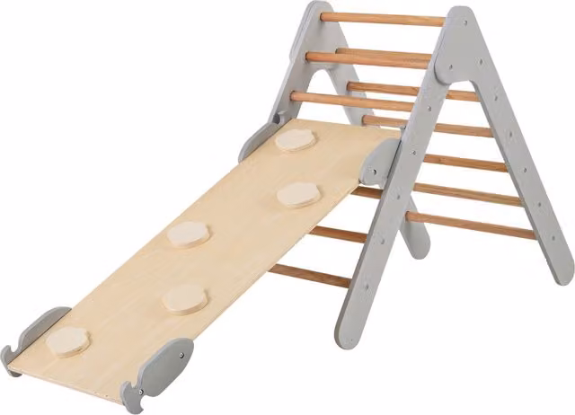 COSTWAY Climbing Triangle Ladder with Ramp in Grey Wood