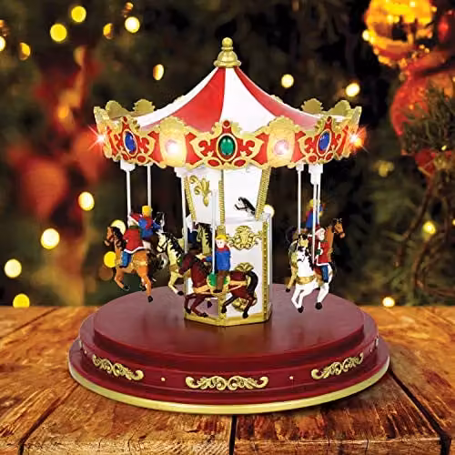The Christmas Workshop 82790 Revolving Musical Carousel Christmas Decoration with Multi-Coloured LED Lights and 8 Classic Christmas Songs, W/D/H: 24 x 24 x 24 cm