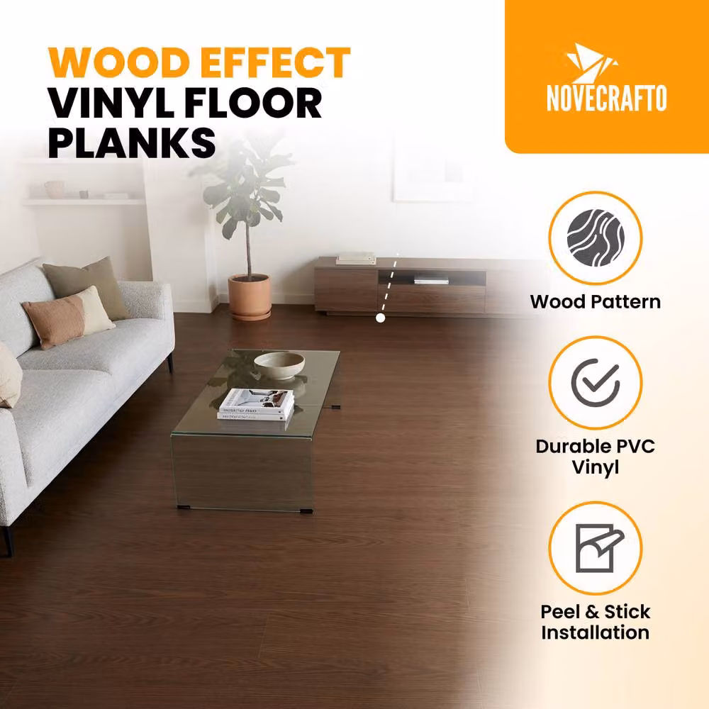 Novecrafto Self Adhesive Wood Look Vinyl Floor Planks, Pack of 10, Dark Brown, W: 91.4 cm, D: 15.2 cm – 2