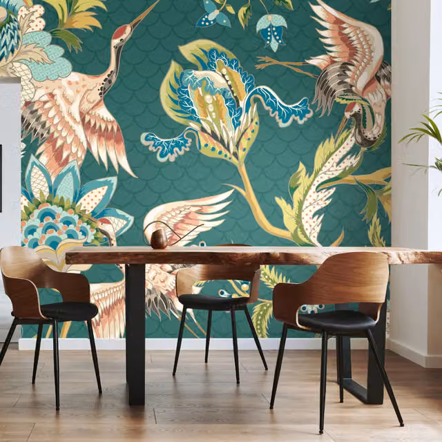 Origin Murals Cranes In Flight Floral Wall Mural in Green