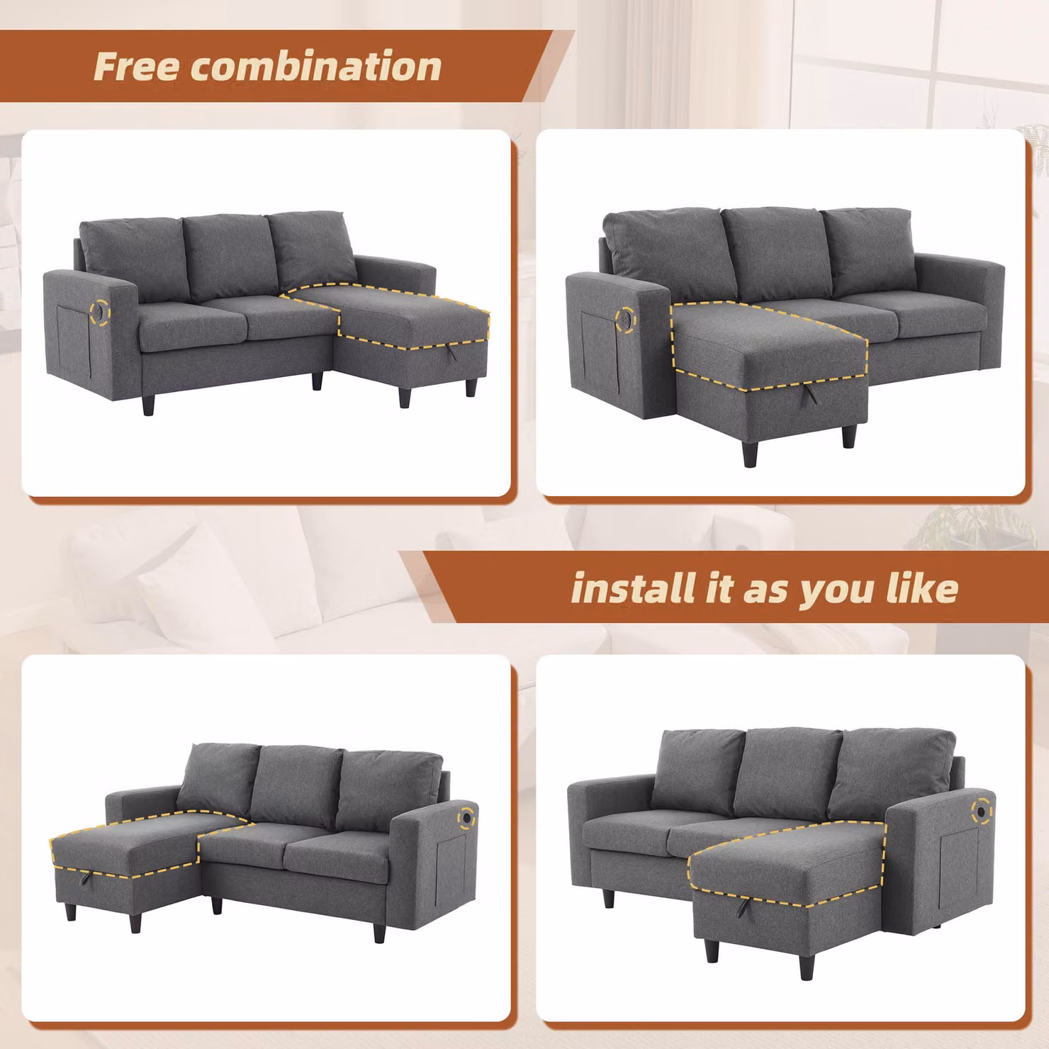 Aosom UK L-Shaped Reversible Corner Sofa in Grey with Hidden Storage and USB Charging, W/D/H: 180 x 120 x 72 cm – 5