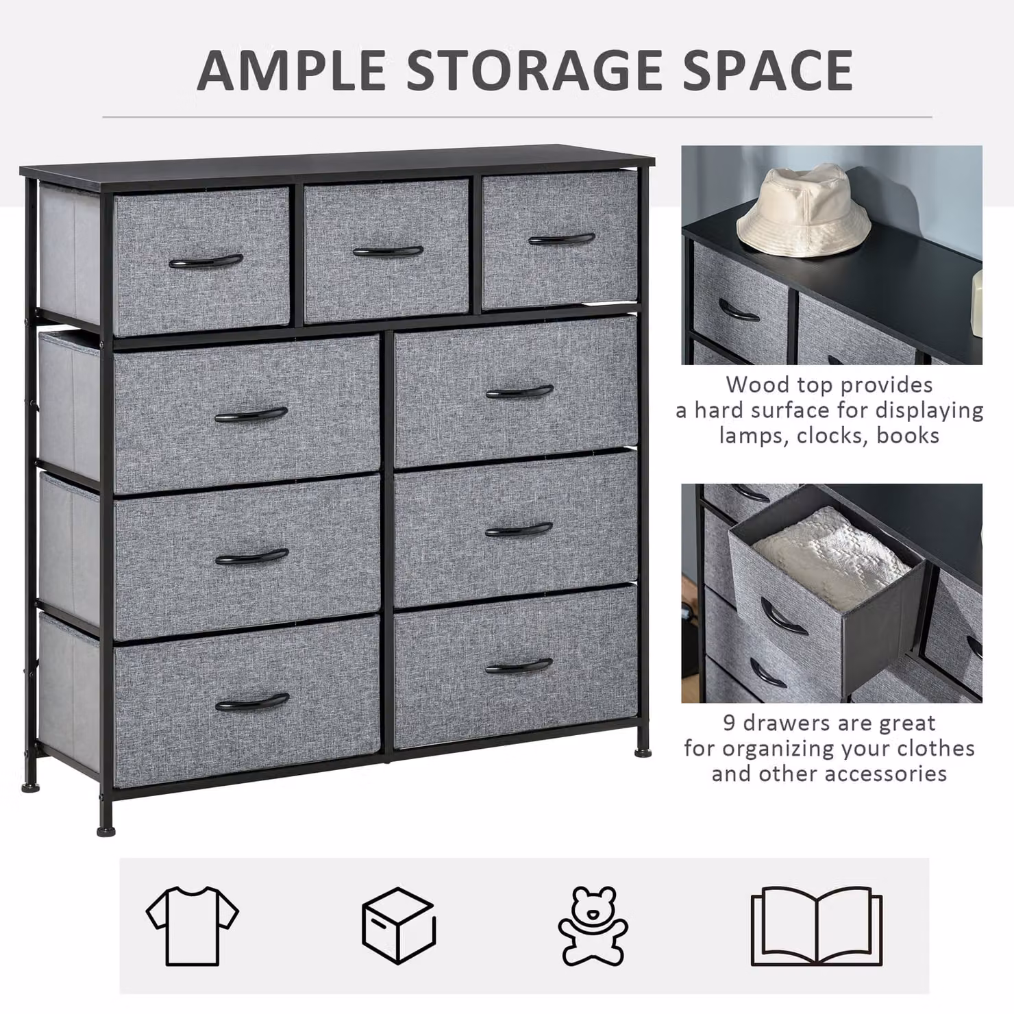 HOMCOM 9 Drawer Storage Chest Dresser with Fabric Bins in Black and Grey – 4