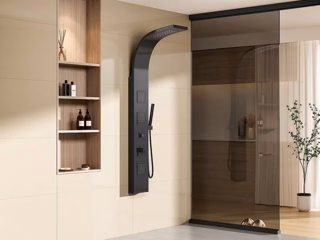 Vente-unique TYRA Hydromassage Shower Column with Rain and Massage Functions, Matt Black, W: 20 cm, H: 150 cm