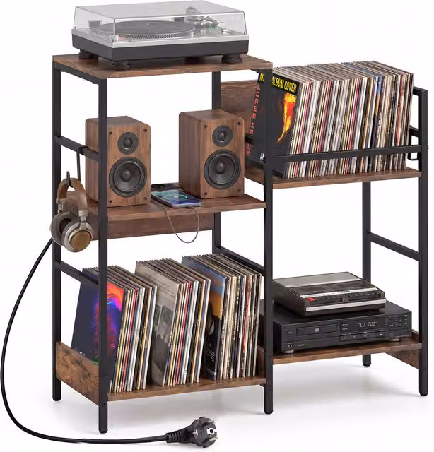 COSTWAY Industrial Brown Wood Bedroom Display Cabinet with Media Compartments