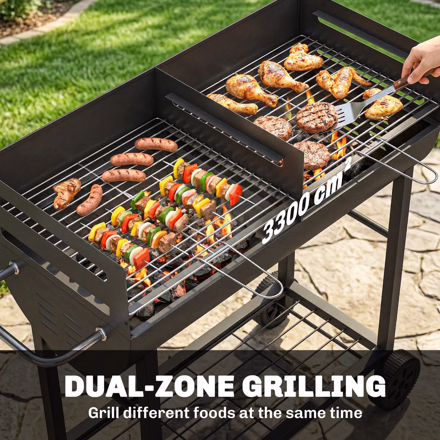 Outsunny Charcoal Barbecue Grill Trolley in Black with 2 Cooking Areas and Wheels – 4