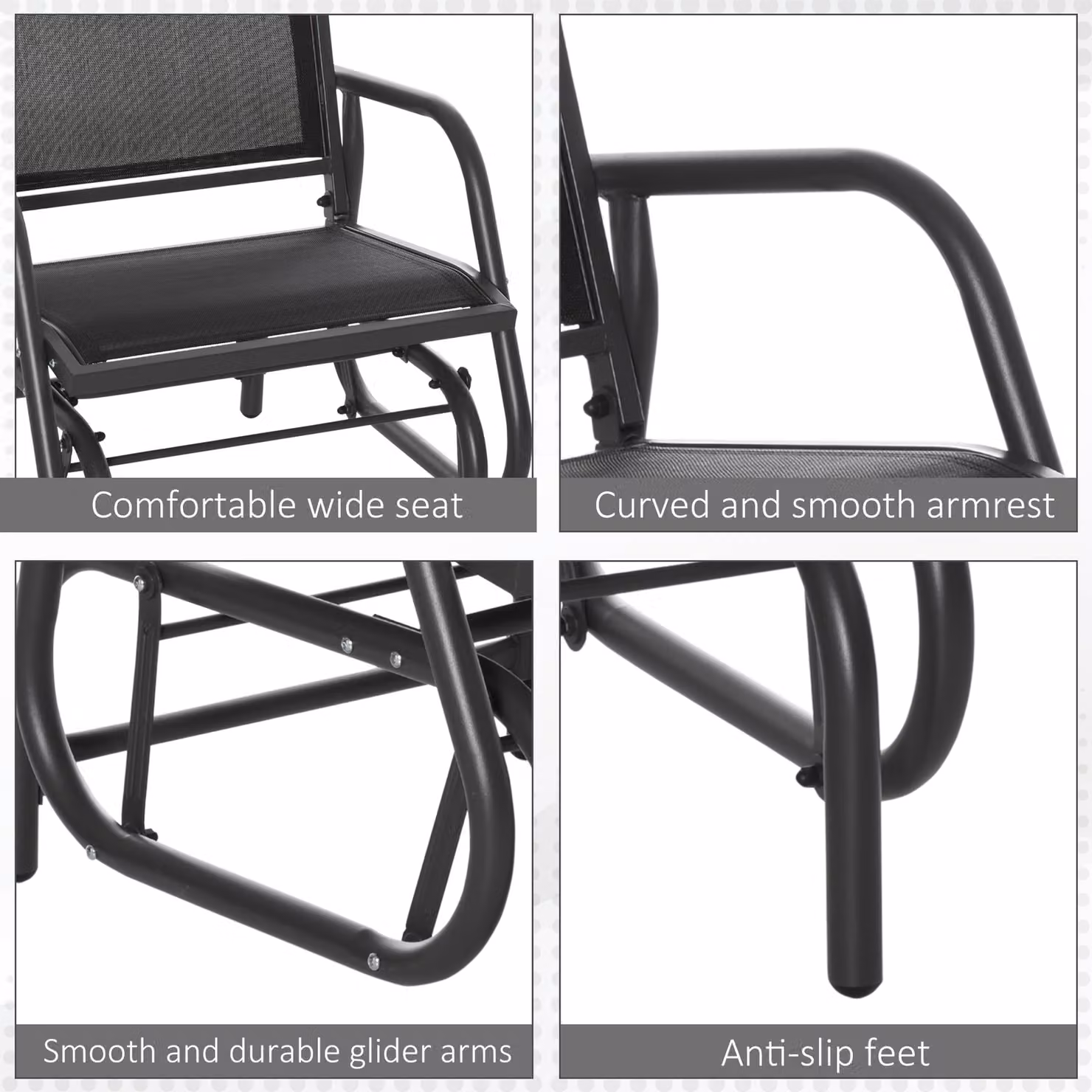 Outsunny Outdoor Gliding Swing Chair with Textilene Mesh Seat and Armrests in Dark Grey and Black – 7