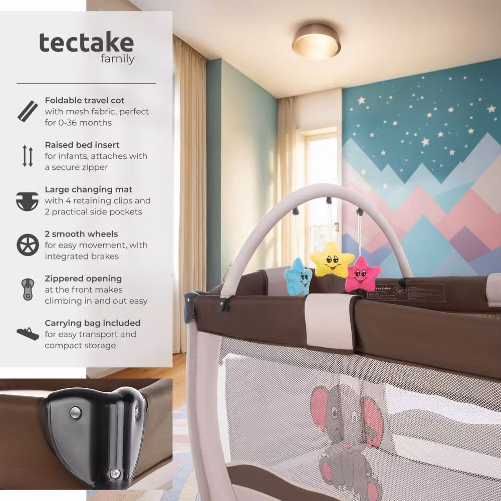 tectake Elephant Travel Cot in Brown, Large – 2