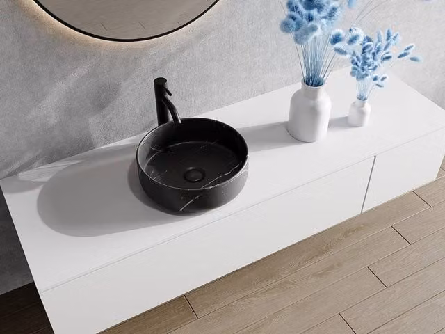 Vente-unique Round Ribbed Ceramic Washbasin in Black Marble Effect, Diameter: 36 cm