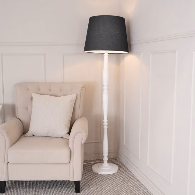 ValueLights Victoria Traditional White Wood Stem Floor Lamp with Black Fabric Tapered Shade