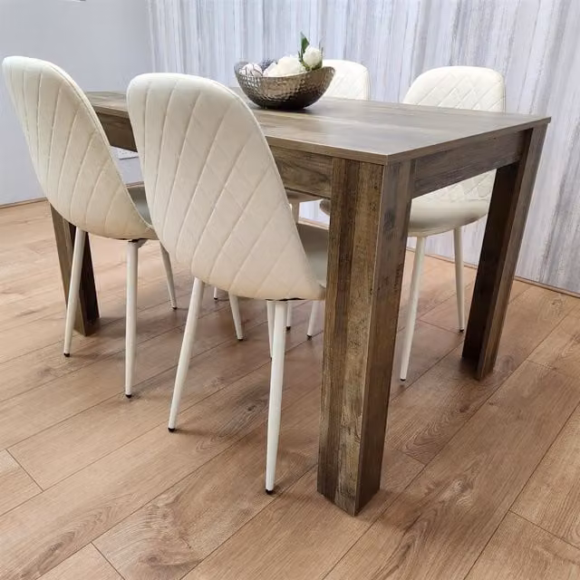 KOSY KOALA Rustic Brown Wood Dining Table Set with 4 Cream Geometric Pattern Faux Leather Chairs
