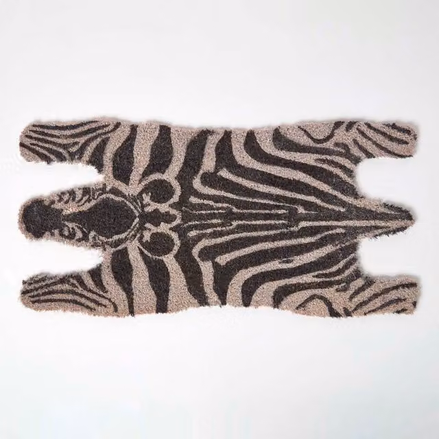 Homescapes Zebra Shaped Coir Non-Slip Animal Print Doormat, Black and White, W/D/H: 75.0 x 75.0 x 1.8 cm
