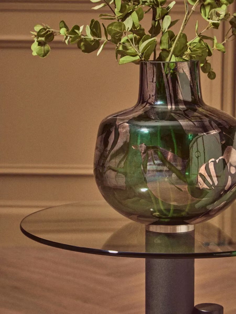 Fifty Five South Orsina Modern Round Glass Side Table with Black and Gold Central Column Base – 3