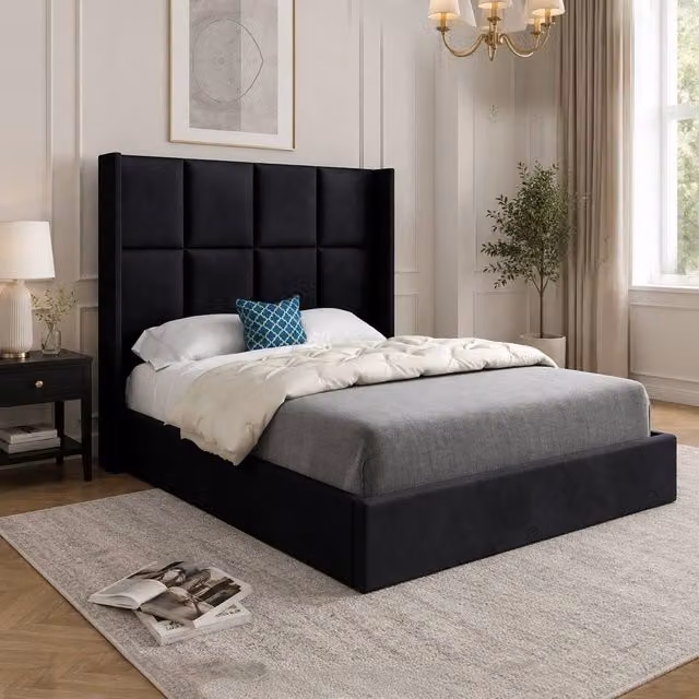 Casani Yaverland Upholstered Designer Bed Frame in Black Soft Velvet, W/D/H: 100 x 200 cm