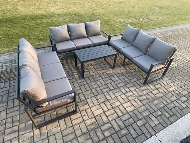 Fimous 9 Seater Outdoor Garden Furniture Set with Upholstered Cushions and Oblong Coffee Table in Dark Grey