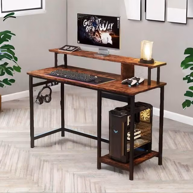 FURNOS Industrial Computer Desk with Monitor Stand and Shelves, Brown – 1