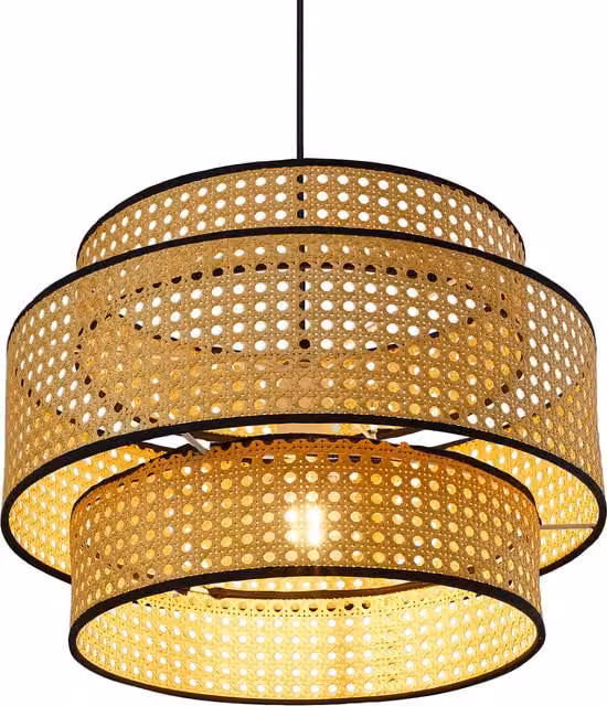 Living Star Cylinder Rattan and Wood Suspended Pendant Light in Brown and Beige