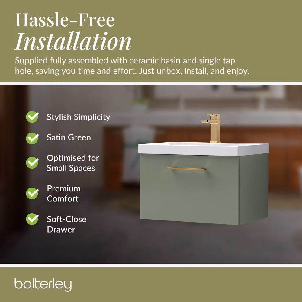 Balterley Satin Green Wall Hung 1 Drawer Vanity Basin Unit with Bronze Handle, W: 60 cm, D: 60 cm, H: 60 cm – 4