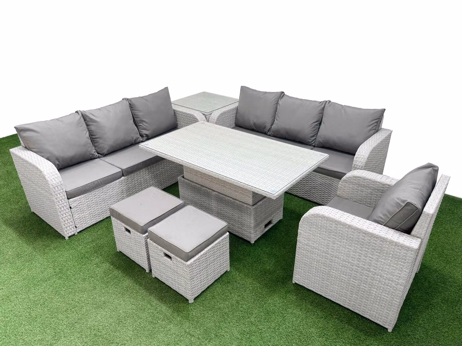 Fimous 9 Seater Poly Rattan Outdoor Garden Furniture Set in Grey with Adjustable Lifting Dining or Coffee Table, 3 Seater Sofa and 3 Reclining Chairs – 1