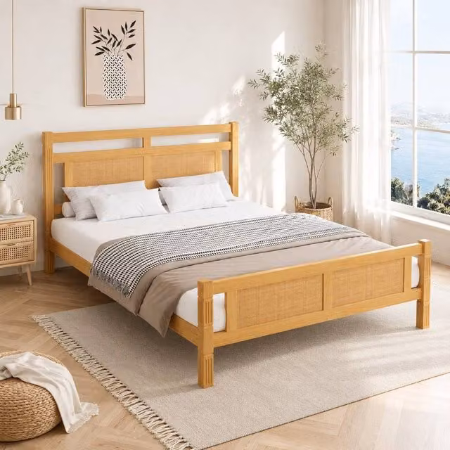 STILVORA Scandinavian Double Bed Frame in Natural Wood and Rattan, W/D/H: 140 x 200 x 34 cm