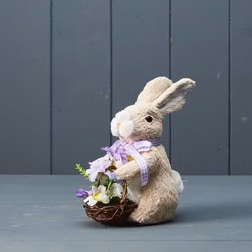 Gift Company Beige Ceramic Four Candle Rabbit Figurine with Purple Ribbon