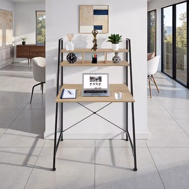 tectake Exeter Writing Desk with Overhead Storage in Oak Sonoma and Industrial Wood