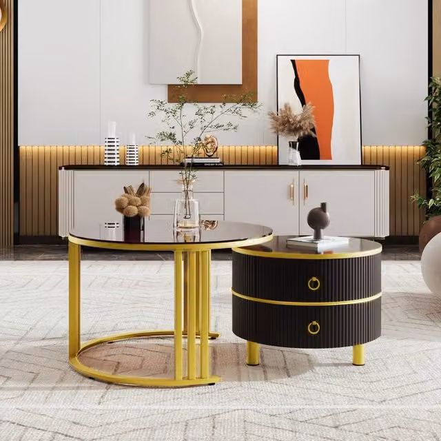 STILVORA 2 Piece Round Coffee Table Set with 2 Drawers in Brown and Black – 1