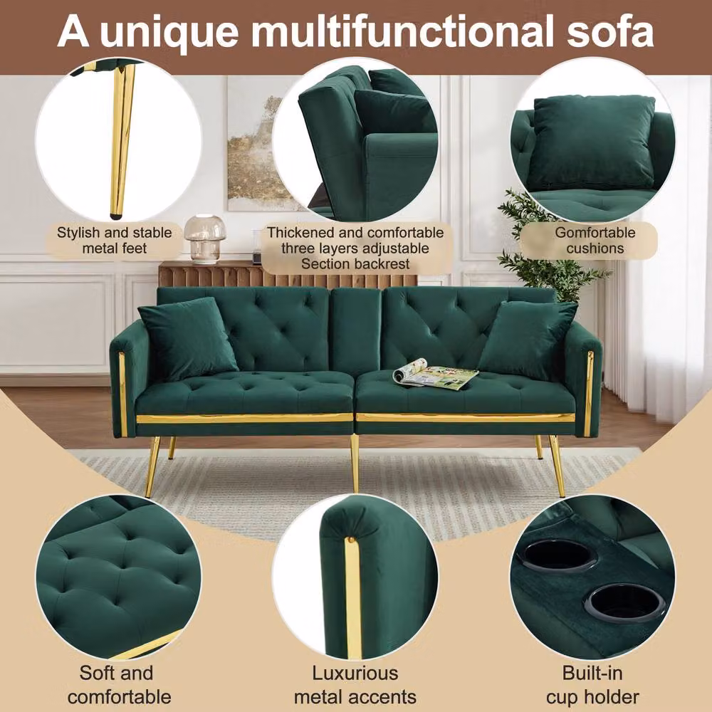 ModernLuxe Green Velvet 2-Seater Convertible Sofa Bed with Cup Holders and Metal Frame, W/D/H: 174 x 76 x 71.5 cm – 7