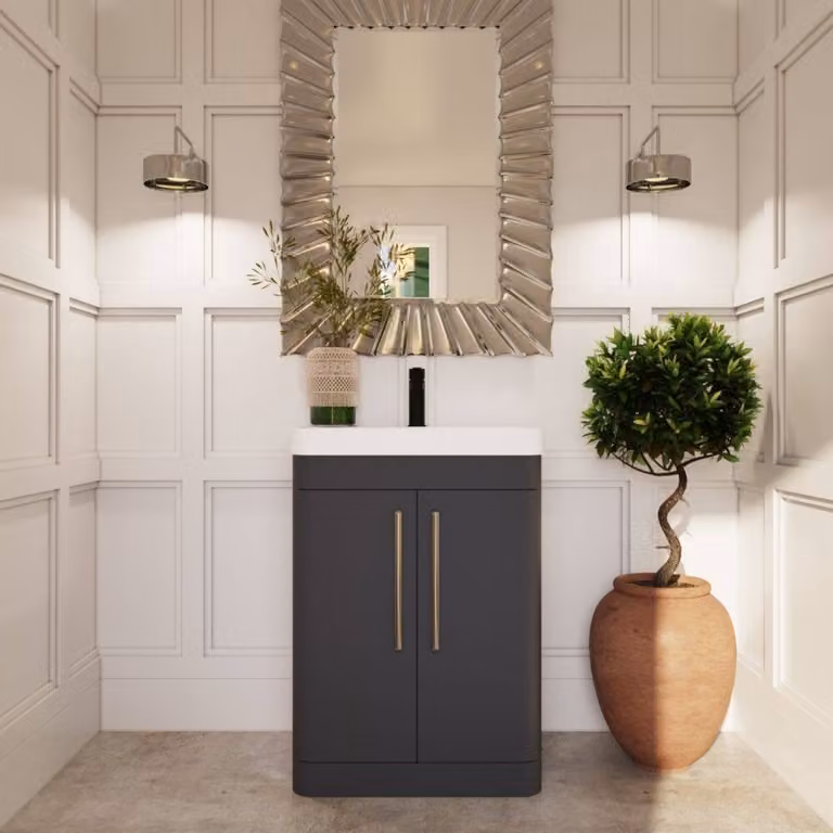 Balterley Wave 600mm Floor Standing 2 Door Bathroom Vanity Unit with Thin-Edge Ceramic Basin in Matt Dark Grey