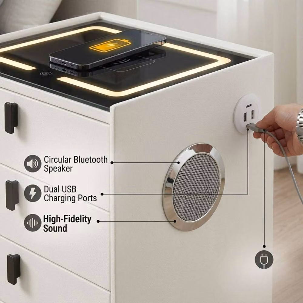 MN Furniture Modern Bedside Table with Integrated LED Lighting in White and Grey – 3