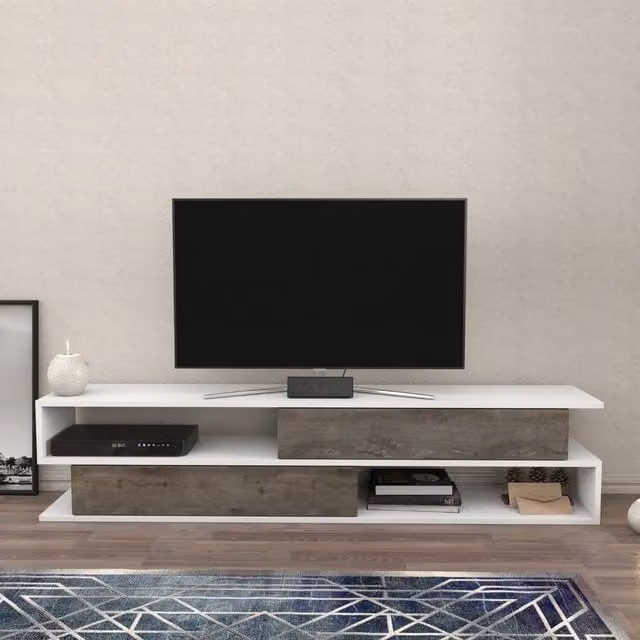 Decorotika Cortez Modern Geometric TV Unit in White and Brown