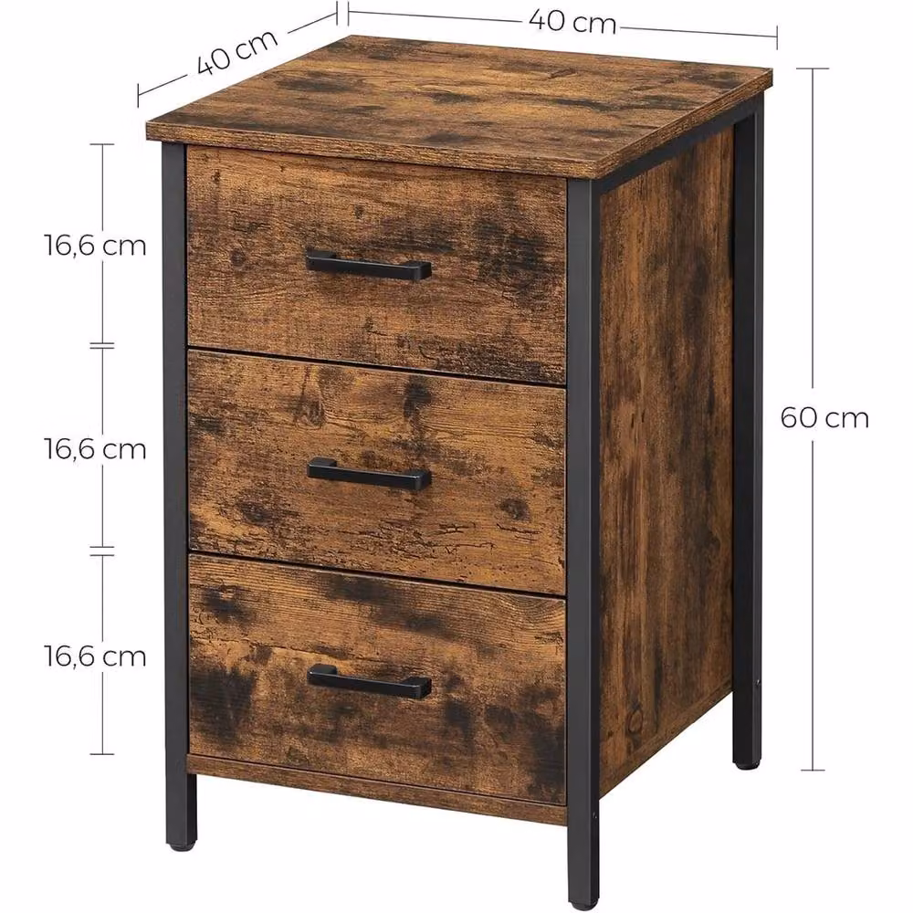 VOGREX Rustic Brown Bedside Table with 3 Drawers and Black Steel Frame – 2