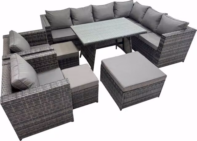 Fimous 11-Seater Rattan Patio Set in Dark Grey Mixed with Glass and Metal