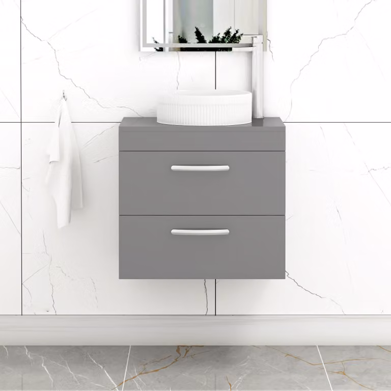 Royal Bathrooms Turin 800mm Wall Hung Vanity Unit with 2 Drawers and Round Countertop Basin in Indigo Grey Gloss