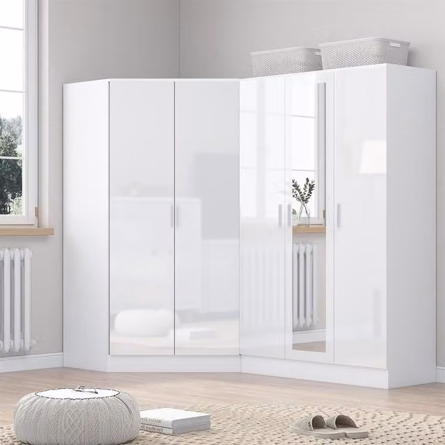REFLECT Wardrobe Bundle featuring a Corner Unit and a 3-Door Mirrored Wardrobe in White Gloss and Matt White