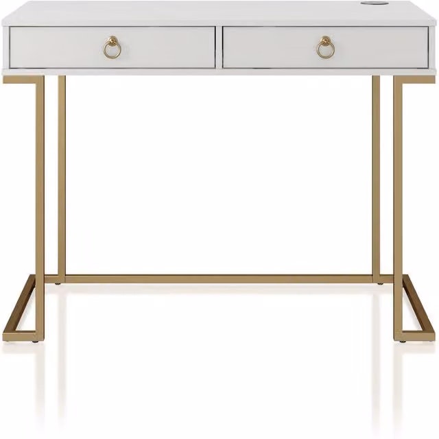 CosmoLiving Modern Rectangular Writing Desk in White, Gold and Grey with Matt Metal Finish