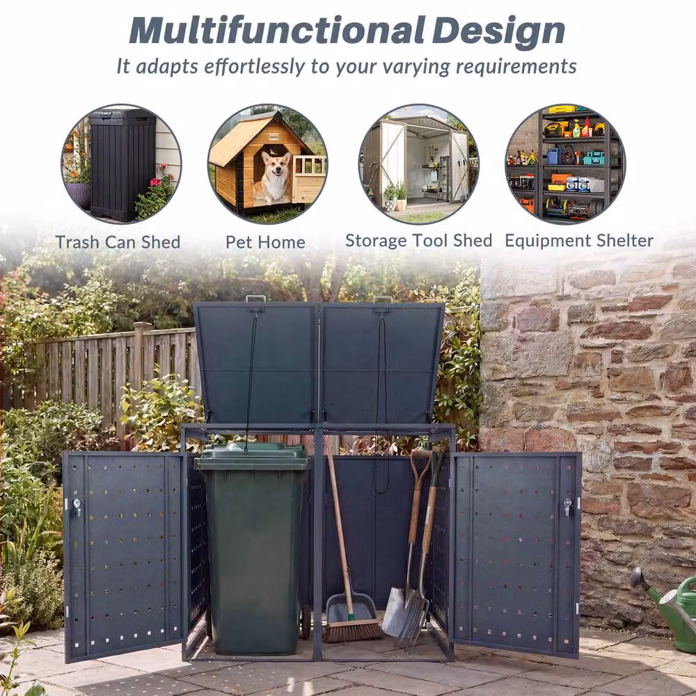 Costway Outdoor Metal Garbage Bin Storage Shed for 2 Trash Cans in Grey – 4