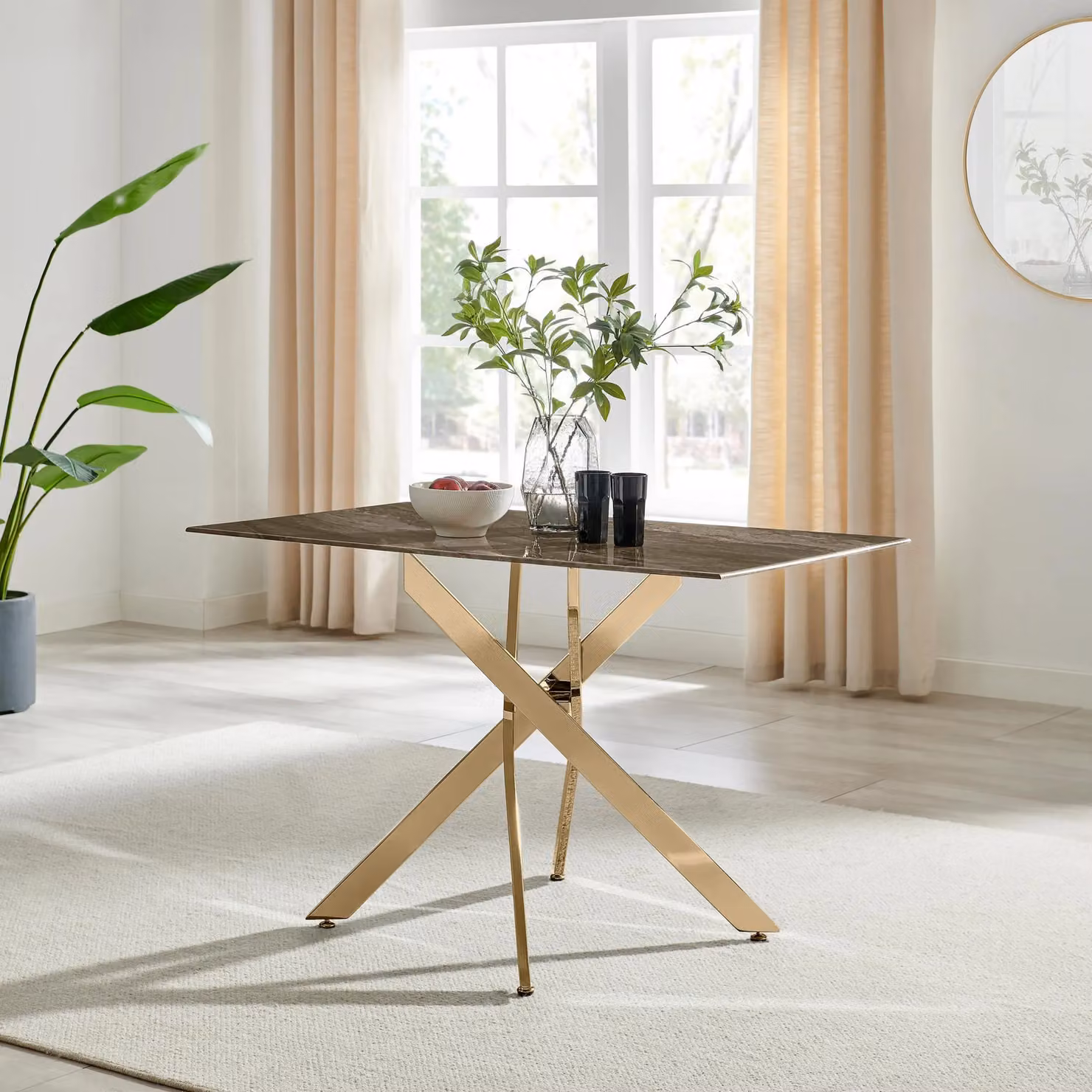 FurnitureboxUK Leonardo Grey Glass Marble Effect Dining Table with 4 Green Pesaro Gold Leg Chairs – 2